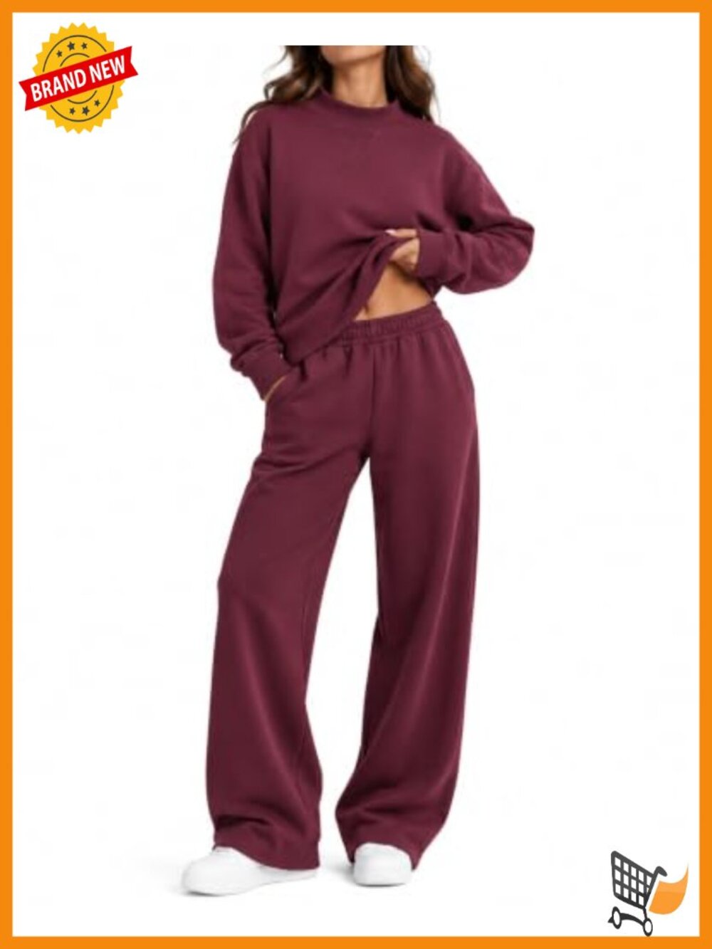 2 Piece Cotton Fleece Lined Mock Neck Sweatshirt Wide Leg Pants Lounge Set